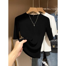 批发半<b class='q'>袖</b>正肩<b class='q'>T</b><b class='q'>恤</b>女五分<b class='q'>袖</b>黑色圆领夏季超显身材独特中<b class='q'>袖</b>上衣打底衫潮