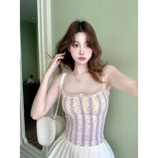 批发<b class='q'>甜美</b>风条纹磨毛吊带背心女秋冬季带胸垫保暖蕾丝边少女感内搭上衣