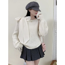 批发<b class='q'>甜美</b>风粉色蝴蝶结设计感蝙蝠袖软糯针织毛衣女秋冬漂亮气质短上衣