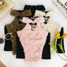 批发少女感绝美玫瑰花朵毛毛拼接设计感挂脖背心打底衫性感露肩上衣女