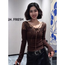 批发<b class='q'>蕾丝</b>拼接系带长袖T恤女小众收腰修身内搭纯欲辣妹显瘦<b class='q'>打底衫</b>上衣
