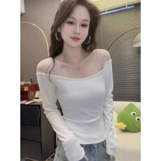 批发法式<b class='q'>v领</b>烫钻长袖针织衫女秋冬季毛衣韩系纯欲露肩内搭打底衫上衣