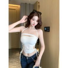 批发韩系纯欲风性感收腰绑带褶皱挂脖吊带女2025<b class='q'>夏</b>季新款性感辣妹上衣