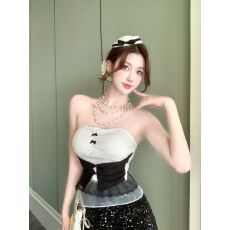 批发辣妹纯欲蕾丝拼接撞色抹胸背心女<b class='q'>秋</b>季2026一字肩修身显瘦短款上衣