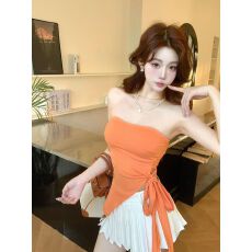 批发甜辣妹不规则收腰纯色抹胸背心夏季新款美式复古修身美背上衣