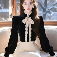 批发<b class='q'>蕾丝</b>新款拼接韩系chic别致名媛小香风上衣高级感黑色丝绒上衣