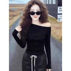 批发黑色斜肩露肩<b class='q'>长袖</b>t恤女装2026新款春装设计感内搭<b class='q'>打底衫</b>修身上衣