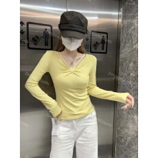 批发气质法式V领挂脖褶皱修身长袖打底衫女早春辣妹镂空短<b class='q'>t</b><b class='q'>恤</b>百搭上衣