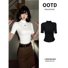 批发黑色半高领中<b class='q'>袖</b>t恤女夏季正肩修身显瘦纯欲打底衫五分<b class='q'>袖</b>短<b class='q'>袖</b><b class='q'>上衣</b>