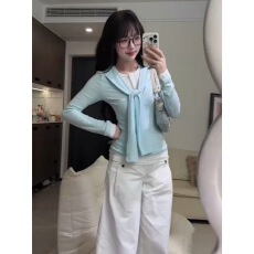 韩系温柔风甜美拼接系带修身圆领T恤女设计感假两件气质打底上衣