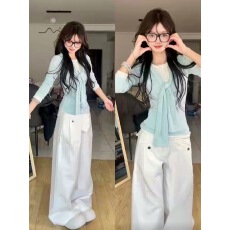 批发蓝色绑带假两件<b class='q'>长</b>袖<b class='q'>T</b><b class='q'>恤</b>女2026春秋季新款修身显瘦韩系设计感上衣