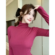批发玫红色堆堆<b class='q'>高领</b>内搭<b class='q'>打底衫</b>女早春新款修身显瘦百搭长袖T恤上衣