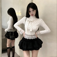 批发韩版蕾丝边白色波点蝴蝶结长袖女秋冬季修身半高领气质<b class='q'>打底衫</b>上衣