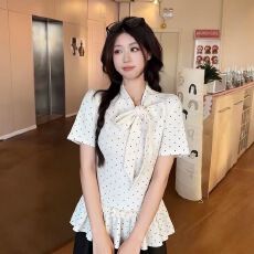 批发法式波点绑带少女风打底衫女内搭辣妹短袖t恤修身<b class='q'>显瘦</b>百搭上衣