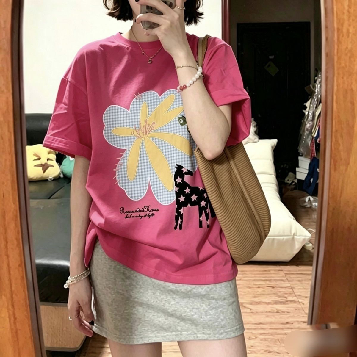 BY27725# 大码女装纯棉短袖T恤胖mm遮肚显瘦中长款休闲百搭印花上衣200斤夏 服裝批發女裝批發服飾貨源