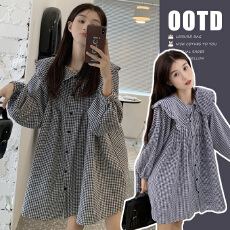 批发现  薄款百搭<b class='q'>娃娃领</b>风琴褶皱格子衬衫裙孕妇裙