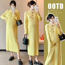 实拍  新款翻领宽松显瘦法式麻花裙孕妇裙