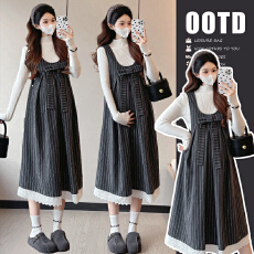 实拍有货   蝴蝶结条纹呢子拼接蕾丝背心裙+白色毛衣