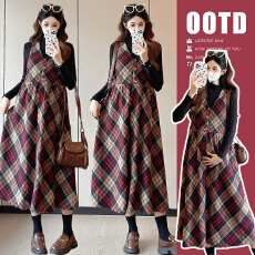 实拍   现 毛绒绒撞色格纹设计款法式A字连衣裙