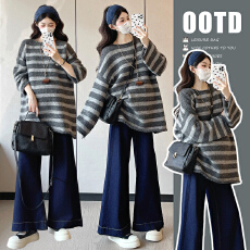 批发实拍现  冬季宽松<b class='q'>百搭</b>慵懒条纹开衫毛衣