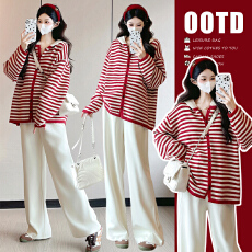 实拍  现 秋冬新款运动休闲条纹连帽开衫毛衣+呢子裤