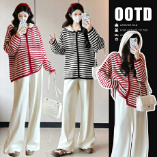 实拍  现 秋冬新款运动休闲条纹连帽开衫毛衣+呢子裤