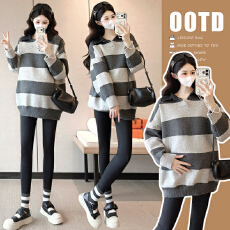 实拍  新款秋冬牛仔领拼接条纹毛衣