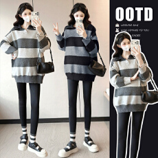 实拍  新款秋冬牛仔领拼接条纹毛衣