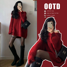 秋冬圣诞红色中长款针织毛衣宽松慵懒穿搭露肩女神上衣