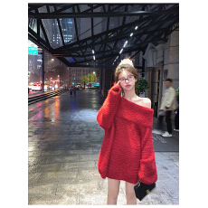 秋冬圣诞红色中长款针织毛衣宽松慵懒穿搭露肩女神上衣
