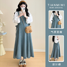 实拍xian货   2026春季上新正反两穿系带复古牛仔背带裙+T恤