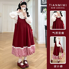 实拍现  202春夏新款红色拼接格子出片减龄花苞裙+娃娃领衬衫