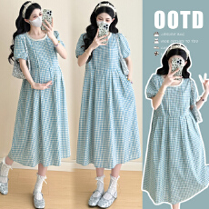 批发实拍  现  夏季清新蓝色格子裙拼接花边清新孕妇裙