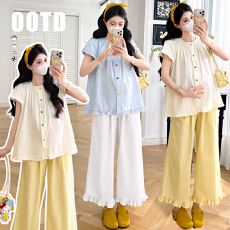 批发实拍  有货  新款<b class='q'>夏</b>季彩扣减龄木耳边设计宽松衬衫+荷叶边阔腿裤