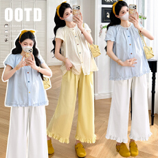批发实拍  有货  新款<b class='q'>夏</b>季彩扣减龄木耳边设计宽松衬衫+荷叶边阔腿裤