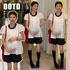 批发夏季新款撞色折折短袖上衣+托腹波点短裤
