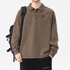 批发美式砂洗重磅复古插肩袖Polo衫<b class='q'>男士</b>秋季长袖