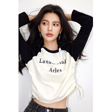 批发撞色设计感长袖女新款jazz爵士<b class='q'>潮牌</b>修身复古辣妹插肩抽绳<b class='q'>T</b><b class='q'>恤</b>上衣