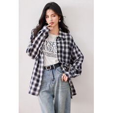 批发蓝色<b class='q'>格子</b>衬衫2025春秋气质港风宽松休闲BF格纹长袖衬衣女