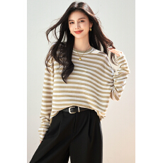 批发条纹长袖t恤女2025春秋新款<b class='q'>宽松</b>显瘦减龄休闲百搭<b class='q'>打底衫</b>时髦上衣