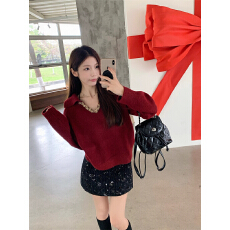 重工编织翻领毛衣女秋季2025新款复古长袖宽松显瘦百搭时尚上衣潮
