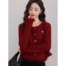 批发红色小香风毛衣<b class='q'>开衫</b>女<b class='q'>短款</b>外套圣诞上衣2025新款秋季流苏<b class='q'>针织</b>衫