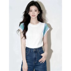 批发早<b class='q'>春</b>设计感条纹拼接短袖t恤女白色轻奢高智感上衣