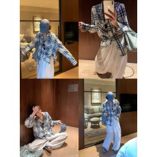 批发吴童童蓝色格子翻领休闲薄款长袖<b class='q'>衬衫</b>女夏季韩系外搭宽松防晒上衣