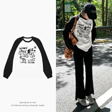 批发美式<b class='q'>街头</b>设计感小众印花长袖T恤女学生潮流百搭拼色插肩打底上衣