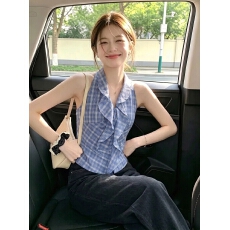 批发实拍◆甜辣妹蓝色格纹V领挂脖背心女春夏性感露背蝴蝶结<b class='q'>无袖</b>上衣