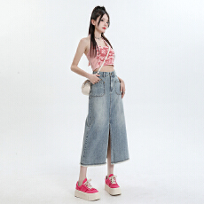 批发2025年夏季新款韩版浅蓝设计感高腰毛边开叉显瘦A字半身牛仔裙女