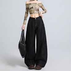 批发黑金色后腰弹力松紧复古时尚防褪色<b class='q'>牛仔裤</b>女秋新款百搭通勤弯刀裤