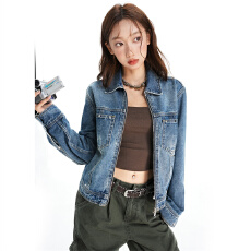 批发蓝色钉珠装饰翻领拉链款牛仔外套女美式复古修身正肩oversize夹克