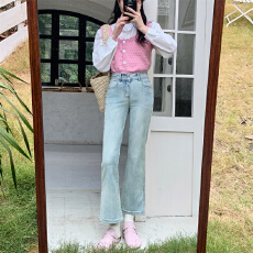 批发开叉高腰双扣复古绿色微辣牛仔<b class='q'>裤</b>女弹力<b class='q'>提</b><b class='q'>臀</b>显瘦百搭小个子九分<b class='q'>裤</b>